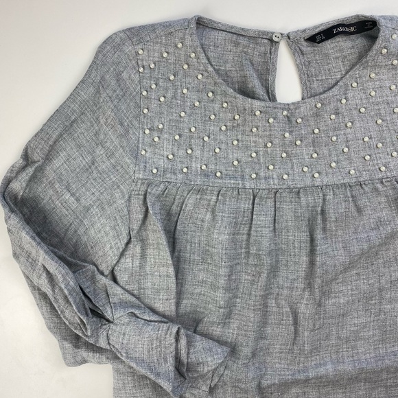 Zara Basic Grey Pearl Embellished Long Sleeve Blouse - Picture 6 of 15